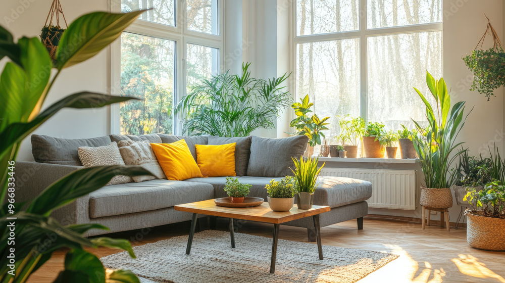 Fototapeta premium Cozy living room filled with plants, sunlight, and a comfortable sofa for relaxation.
