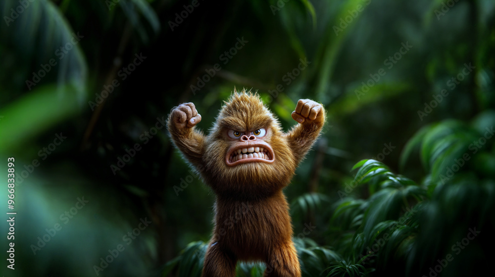 Obraz premium Small furry creature shouting in tropical forest. baby bigfoot character