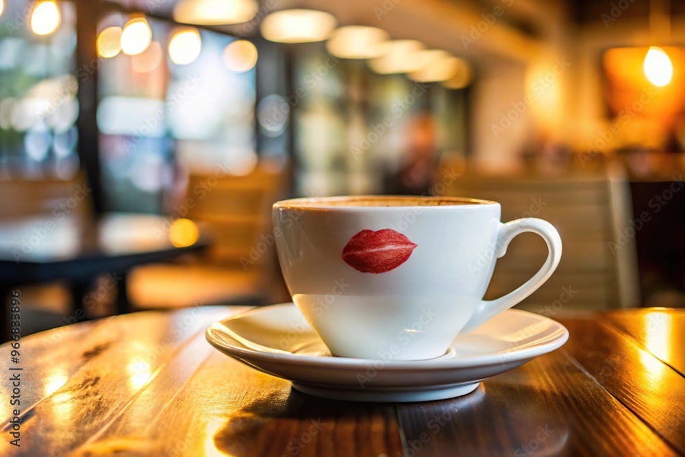 red lipstick mark on coffee cup on table in cafe aerial view red lipstick mark on coffee cup on table in cafe aerial view