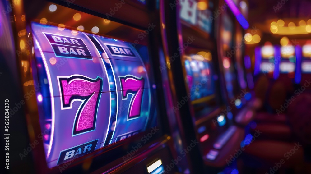 Close-up of a slot machine with the winning combination of sevens lit up. Close-up of a slot machine with the winning combination of sevens lit up.