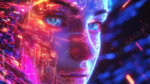 Wallpaper Mural "Futuristic Digital Face with Glowing Circuitry and Neon Hues" Torontodigital.ca