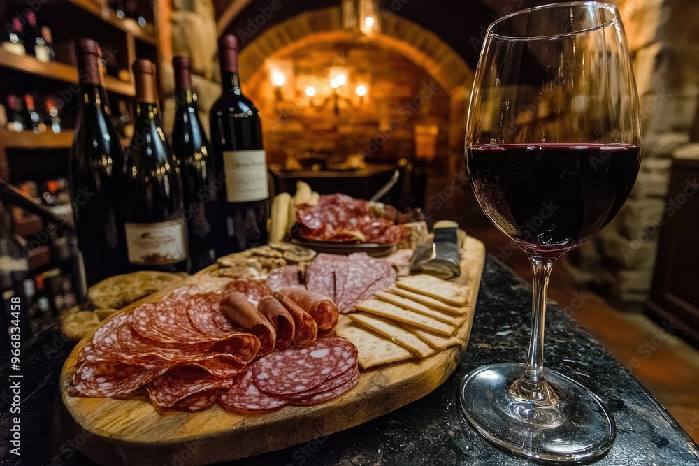 A wooden platter with assorted meats, cheeses, nuts, and a glass of red wine in a cozy setting. A wooden platter with assorted meats, cheeses, nuts, and a glass of red wine in a cozy setting.