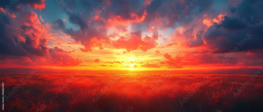 Fiery Sunset Over a Field of Tall Grass Fiery Sunset Over a Field of Tall Grass