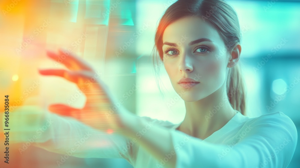 Woman Touching Holographic Interface Futuristic Technology Innovation Digital Future Woman Touching Holographic Interface Futuristic Technology Innovation Digital Future