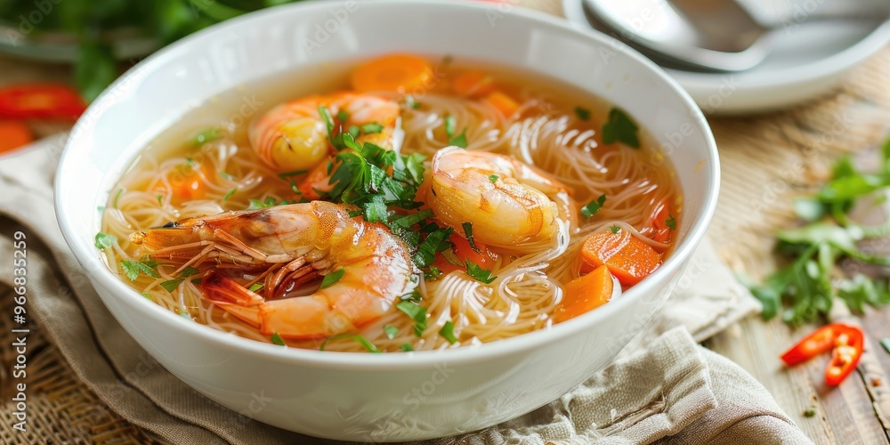 Luffa Acutangula and Carrot Vermicelli Soup with Shrimp Presented in a White Bowl Luffa Acutangula and Carrot Vermicelli Soup with Shrimp Presented in a White Bowl