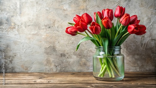 red tulip flowers in vintage jar on rustic wooden table against white wall