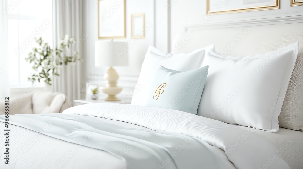 Monogrammed pillowcases in luxury bedding set, cozy home gift, 3D illustration