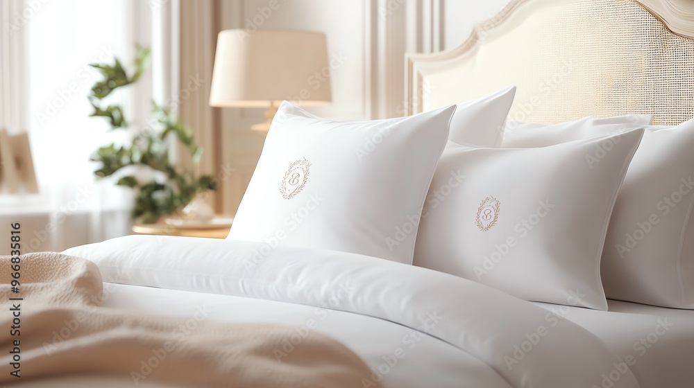 Obraz premium Monogrammed pillowcases in luxury bedding set, cozy home gift, 3D illustration