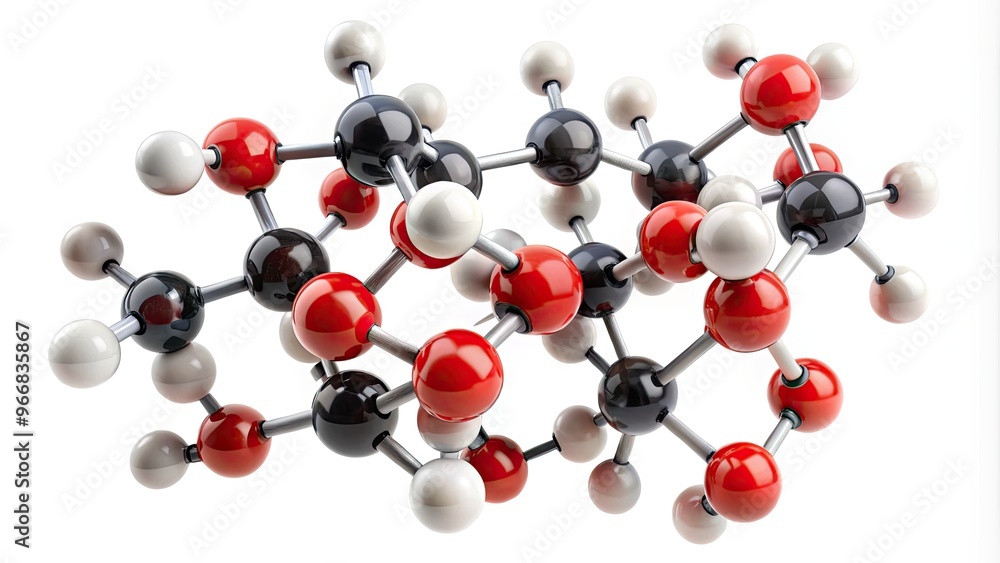 Molecular model of glucose, a simple sugar and primary energy source for cells, composed of carbon, hydrogen, and oxygen atoms, in a white background. Molecular model of glucose, a simple sugar and primary energy source for cells, composed of carbon, hydrogen, and oxygen atoms, in a white background.