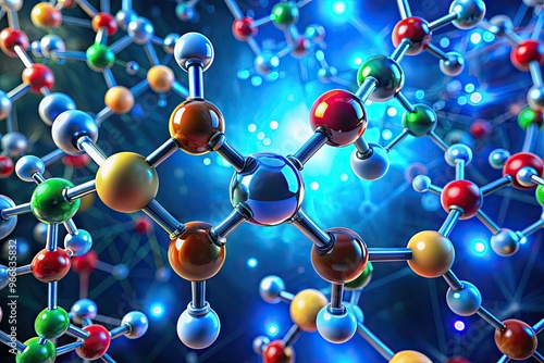 Molecular structure of ethanol (C2H5OH) rendered in 3D, showcasing carbon, hydrogen, and oxygen atoms, with atomic bonds illustrated in a colorful, futuristic laboratory setting. photo