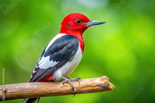 Redheaded woodpecker perched on branch with blurred background photo