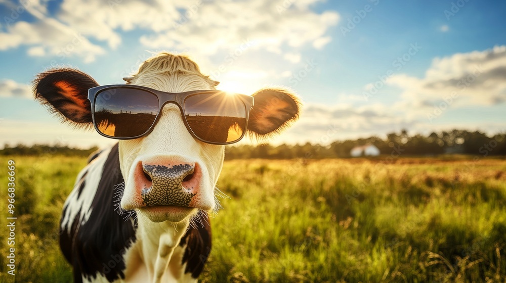 Chillin' Cow: Stylish bovine in sunglasses posing against vibrant farm backdrop under sunny sky Chillin' Cow: Stylish bovine in sunglasses posing against vibrant farm backdrop under sunny sky