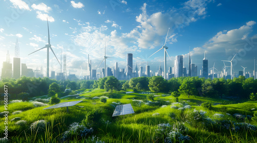 wind turbine farm, Solar panel and smart city in the background. renewable energy. sustainable and environmentally friendly photo