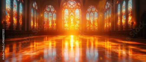 Sunlit Interior of a Church with Stained Glass Windows