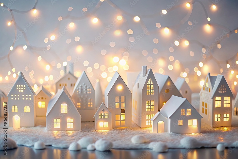 Obraz premium Reflected charming Christmas paper art with little houses and winter lights