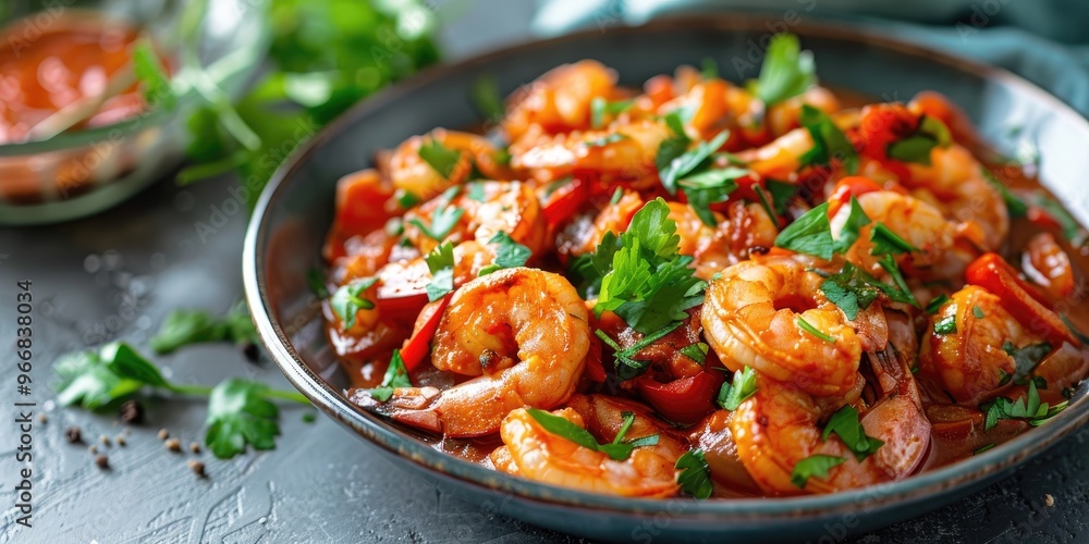 Cuban Shrimp Creole Dish on Gray Background Side View Cuban Shrimp Creole Dish on Gray Background Side View