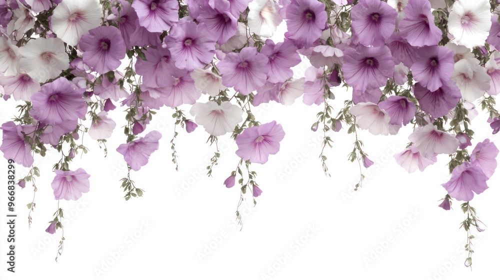 A cascade of purple and white flowers with delicate vines on a white background. A cascade of purple and white flowers with delicate vines on a white background.