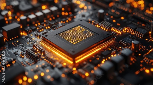 Close-up of a glowing CPU on a motherboard