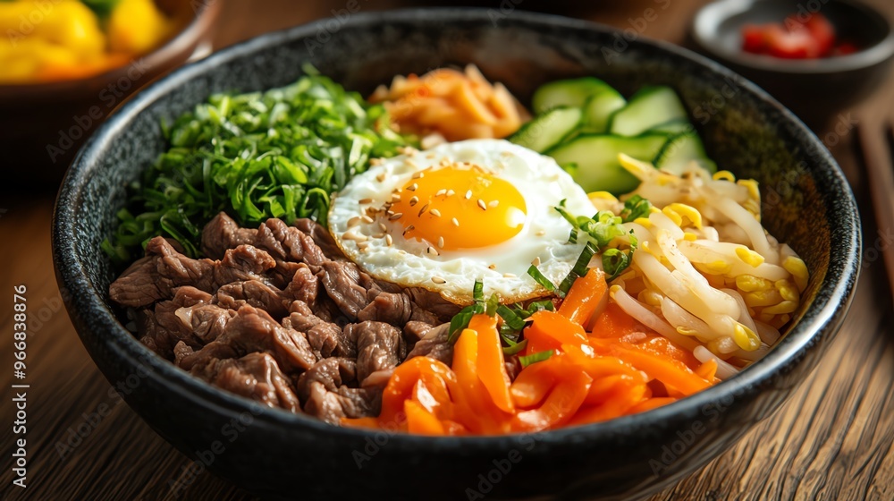 Bowl of donburi with beef, egg, and vegetables, Japanese food, hearty comfort food Bowl of donburi with beef, egg, and vegetables, Japanese food, hearty comfort food