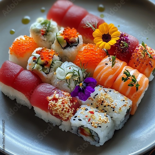 Beautifully arranged plate of sushi featuring seasonal ingredients, Japanese food, chef s special photo