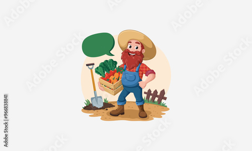 Happy farmer holding vegetable basket, standing with shovel in garden.