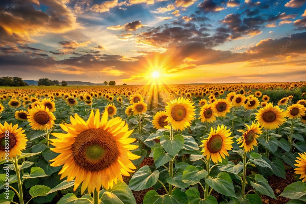 Reflected panoramic glowing sunflower field at sunset with bright golden light Reflected panoramic glowing sunflower field at sunset with bright golden light