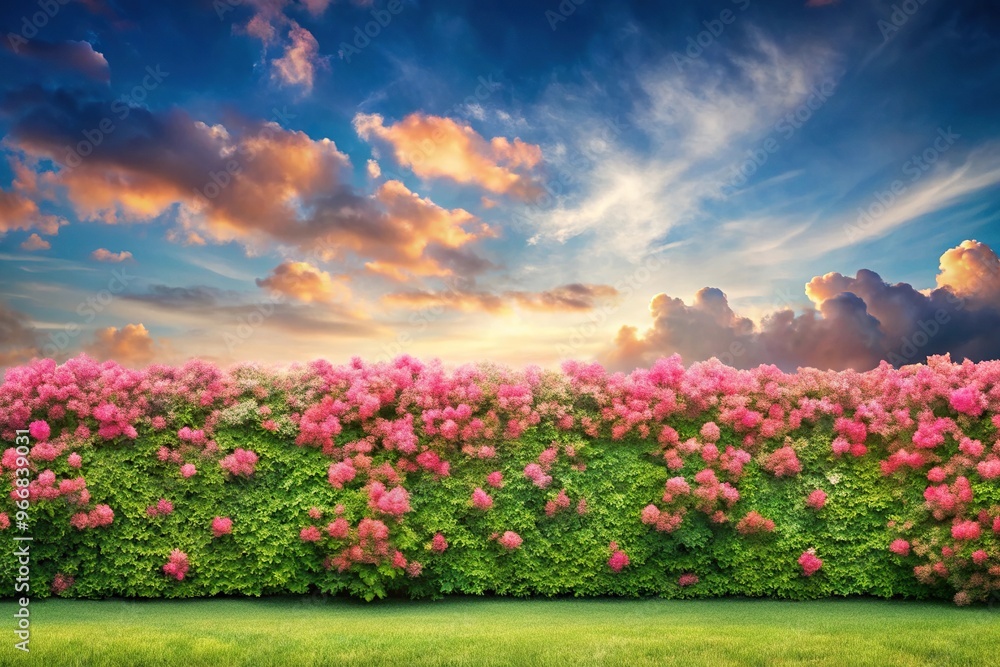 Obraz premium Reflected painting of pink floral hedge with cloudy sky on green background