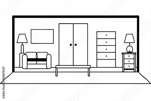 A modern room interior silhoouette,line art vector on white background.