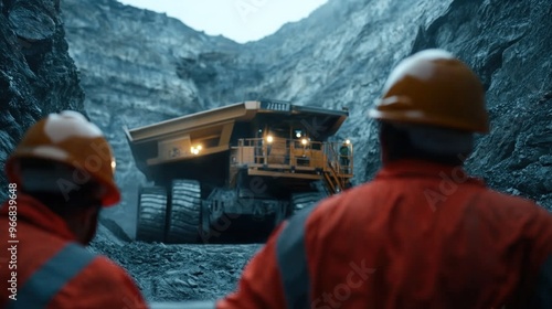 High-Tech Mining Team: Workers in Safety Gear Operating Advanced Machinery photo