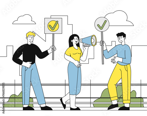 Active citizen at strike. Men and woman with signs on street. Protest and demonstration. Democracy and freedom of speech. People fighting for their rights. Linear vector illustration