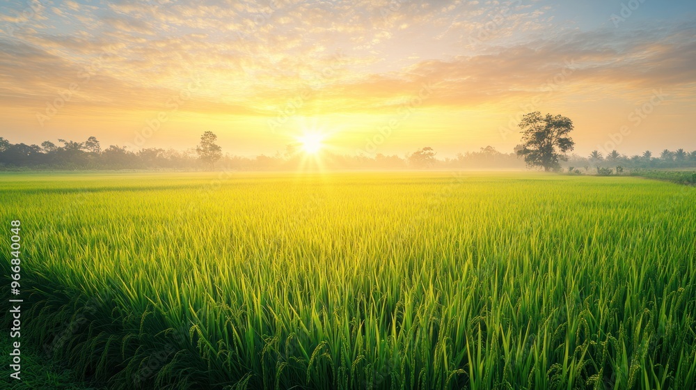 Close up view of the fresh green rice fields in the morning at sunrise. Ai generated image Close up view of the fresh green rice fields in the morning at sunrise. Ai generated image