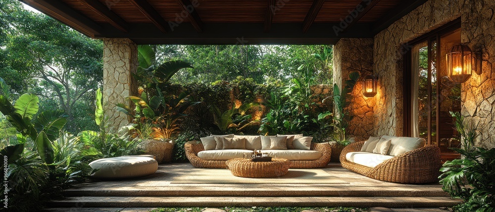 Wicker Couch on a Tropical Patio Wicker Couch on a Tropical Patio