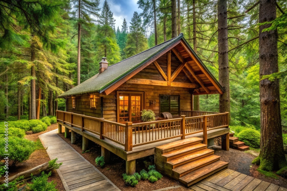 Rustic wooden cabin nestled among trees, featuring a spacious covered deck with wooden railing, perfect for relaxing and taking in the serene natural surroundings. Rustic wooden cabin nestled among trees, featuring a spacious covered deck with wooden railing, perfect for relaxing and taking in the serene natural surroundings.