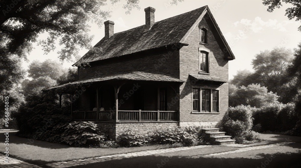 Generative AI, A charming old house with a porch surrounded by trees and lush greenery, evoking a peaceful and nostalgic atmosphere Generative AI, A charming old house with a porch surrounded by trees and lush greenery, evoking a peaceful and nostalgic atmosphere