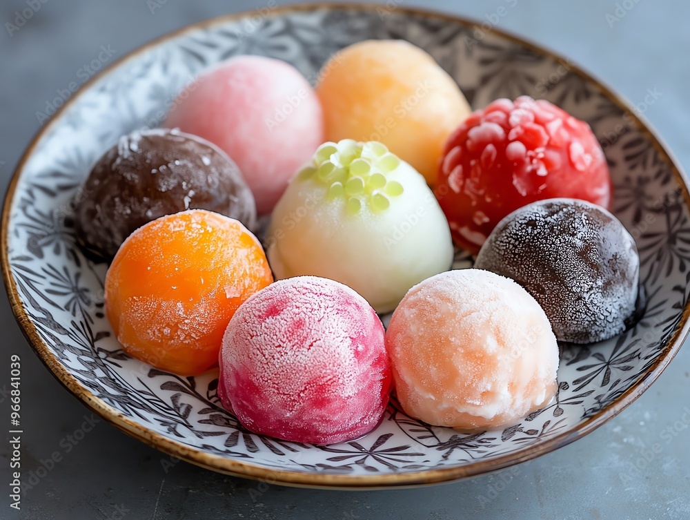 Mochi ice cream in assorted flavors, presented on a traditional Japanese plate, Japanese food, frozen treat Mochi ice cream in assorted flavors, presented on a traditional Japanese plate, Japanese food, frozen treat