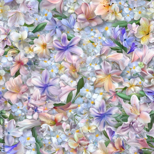 A vibrant arrangement of various flowers in soft colors, creating a floral pattern.