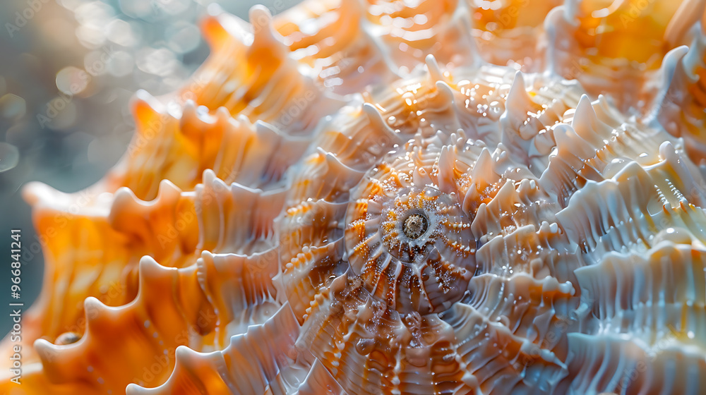 Intricate sea shell with a spiral pattern, displaying the beauty of natures symmetry and design in a vibrant underwater environment Intricate sea shell with a spiral pattern, displaying the beauty of natures symmetry and design in a vibrant underwater environment
