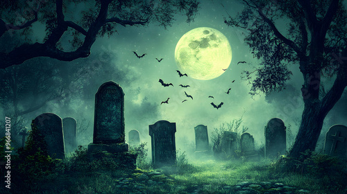 A spooky graveyard at night, headstones crooked and covered in moss. A misty haze hovers near the ground while bats fly through the sky under the pale moonlight