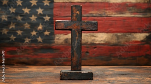 Wooden cross in front of rustic American flag