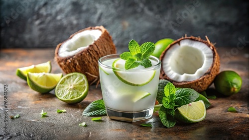 Refreshing coconut lime cocktail with mint garnish in a medium shot