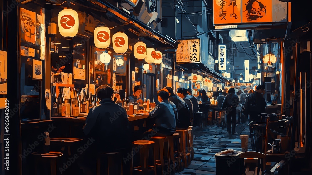 Street scene of an izakaya Japanese pub with food and drinks on the table, Japanese food, social dining Street scene of an izakaya Japanese pub with food and drinks on the table, Japanese food, social dining