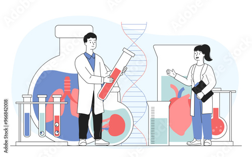 Biotechnological science concept. Man and woman in medical uniform near test tubes with internal organs and DNA. Doctors conduct science experiment in laboratory. Linear vector illustration
