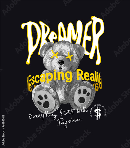 dreamer slogan with black and white bear doll vector illustration on black background