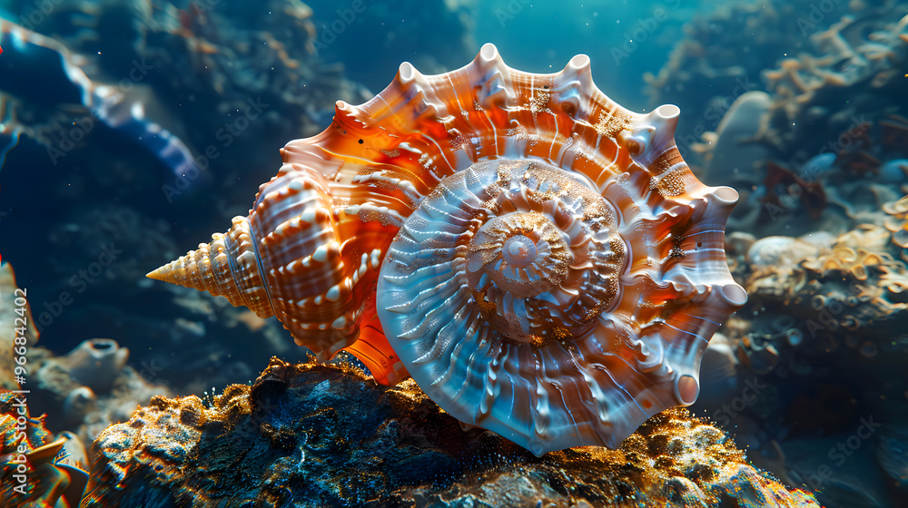 Intricate sea shell with a spiral pattern, displaying the beauty of natures symmetry and design in a vibrant underwater environment Intricate sea shell with a spiral pattern, displaying the beauty of natures symmetry and design in a vibrant underwater environment