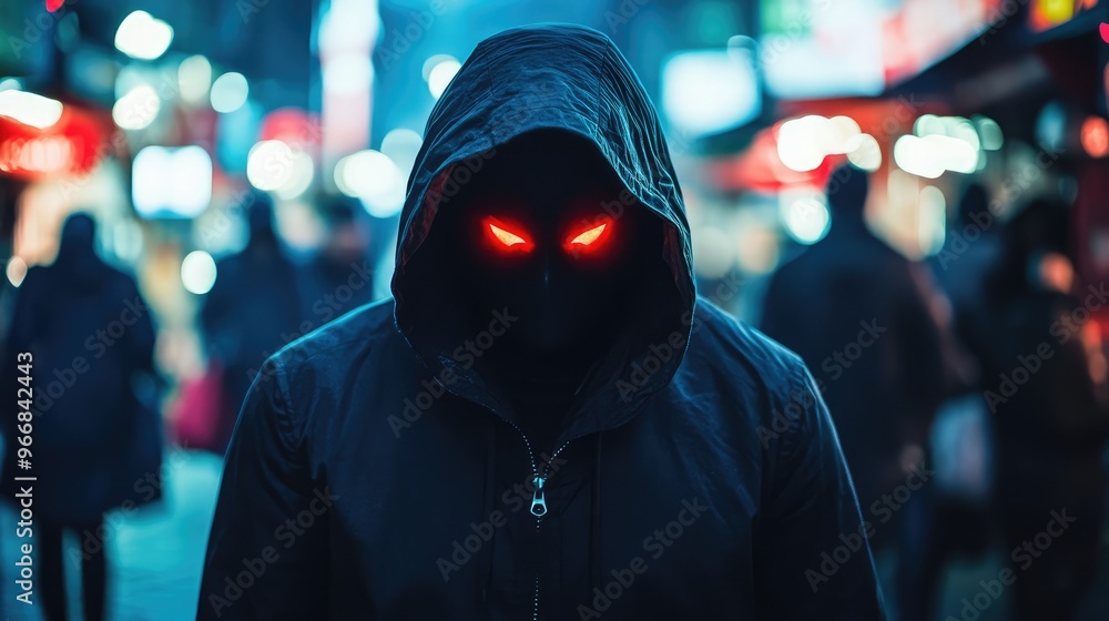 Mysterious Hooded Figure with Glowing Eyes in Dark Urban Market Mysterious Hooded Figure with Glowing Eyes in Dark Urban Market
