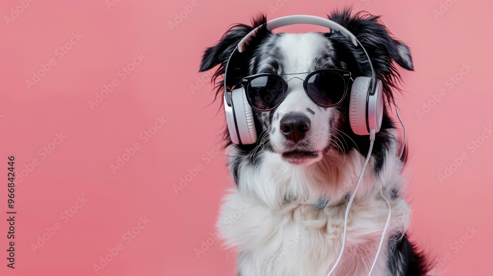 A Border Collie dog wearing headphones and sunglasses looks directly at the camera against a pink background. A Border Collie dog wearing headphones and sunglasses looks directly at the camera against a pink background.