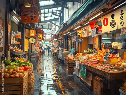 Traditional Japanese market with stalls selling fresh produce and ingredients, Japanese food, vibrant market