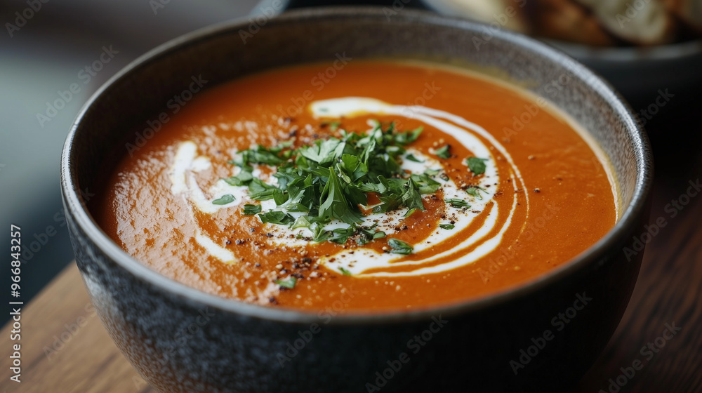A bowl of tomato soup garnished with a swirl of cream and fresh herbs on top A bowl of tomato soup garnished with a swirl of cream and fresh herbs on top