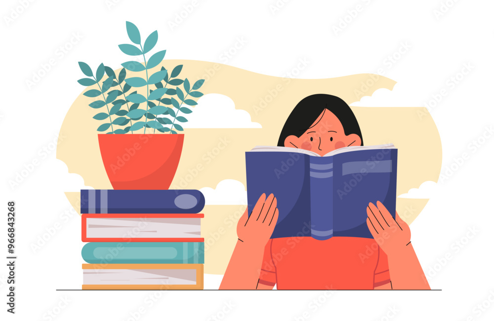 Woman read books. Young girl with textbook and fiction. Love of reading and literature. Student preparing for test or examination. Education and training, learning. Flat vector illustration Woman read books. Young girl with textbook and fiction. Love of reading and literature. Student preparing for test or examination. Education and training, learning. Flat vector illustration
