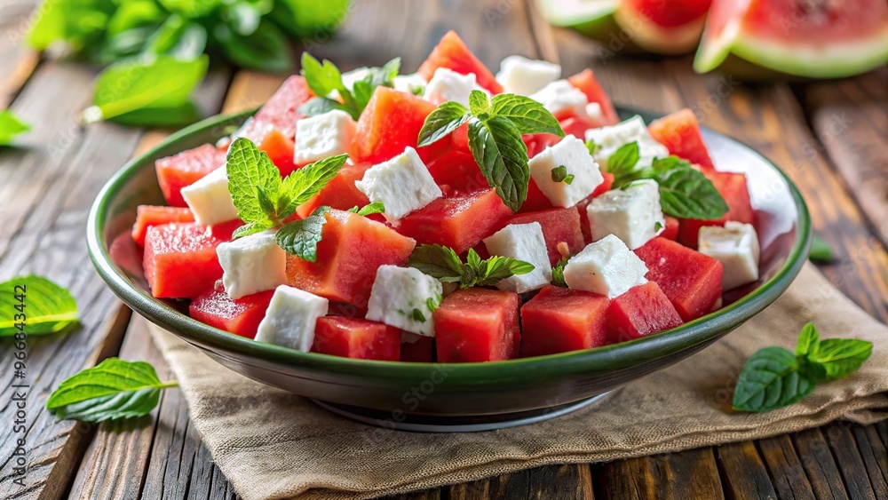 Refreshing watermelon salad with feta cheese and mint Refreshing watermelon salad with feta cheese and mint